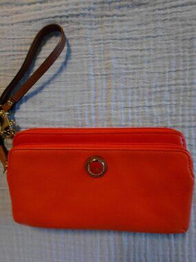 Coach Orange Double‑Zip Leather Wristlet NWOT